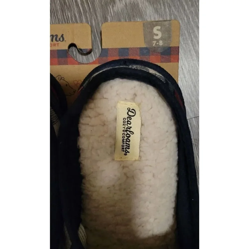 Dearfoams PAPA BEAR Navy/Red/Grn Plaid Clog Memory Foam Slippers Mens S 7-8
